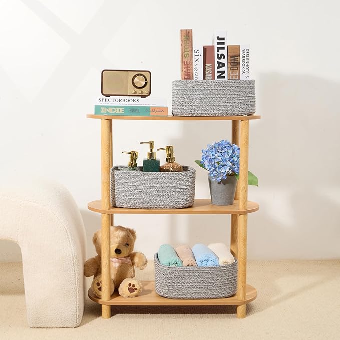 Small Storage Baskets for Organizing | Closet Organizer Bins | Shelf Toy Basket | Woven Rope Baskets | Cube Decorative Box | Shallow Basket | 11.5x7.5x4.7” | 3 Packs Mixed Grey