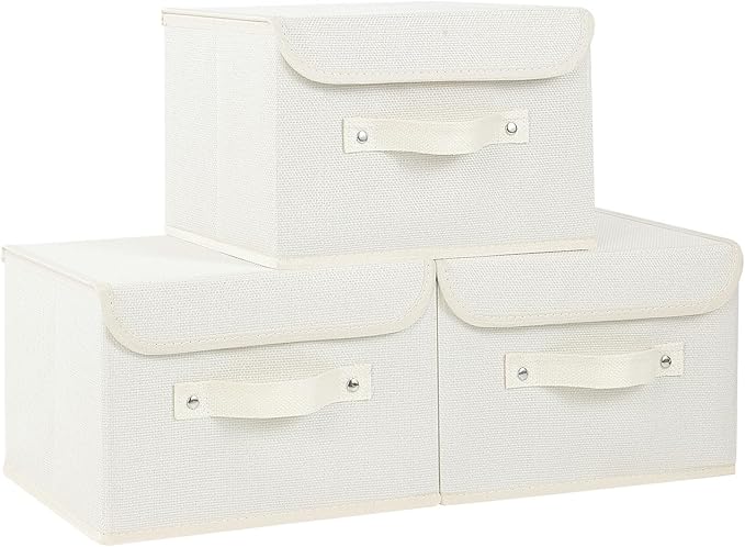 Fabric Storage Bins Cube Organizers with Flip-Top Lid and Handles,Storage Boxes for Organizing Home,Office,and Closet,Beige,3 Pack 10.2 X 7.9 X 6.7 in