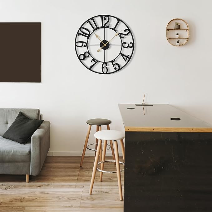 Large Wall Clock for Living Room Decor - 40cm/ 16 Inches Silent Non-Ticking Metal Wall Clocks Battery Operated, Vintage Decorative Modern Wall Clock for Bedroom, Office, Farmhouse Decor