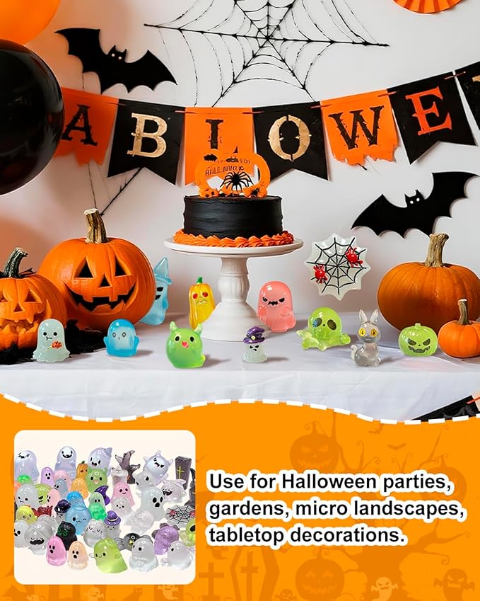 72 Pcs Halloween Mini Resin Animals Figures Kit - Luminous Tiny Resin Figurines Accessories, Glow in The Dark Miniature Ghost Figurines for Halloween Party, Micro Landscape, Tabletop Decor