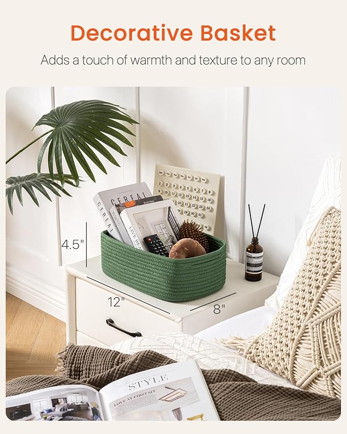 KALLAX Small Woven Basket, 12 x 8 x 4.5 Inches, Storage Basket for Organizing, Cute Small Rope Shelf Closet Cube Storage Bins Baskets for Shelves, Dog Toy Gift Baskets Empty, 3 Packs, Green