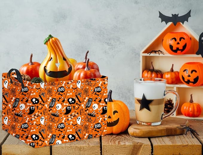 HIYAGON Rectangular Halloween Basket for Boys and Girls Kids Trick or Treat Pumpkin Basket for Halloween Parties Cute Storage Bin Organizer Box Room Decor(Yellow Halloween)