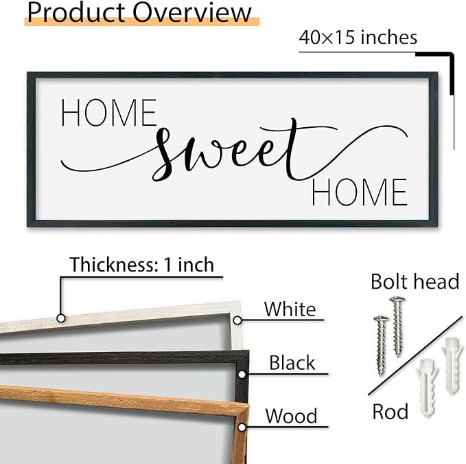 SRSZHIYUE Home Sweet Home Sign 40"x15" for Farmhouse Rustic Large Family Living Room Over Couch Modern Horizontal Wall Decor, Wood Framed Plaques Art Decorative (Black)