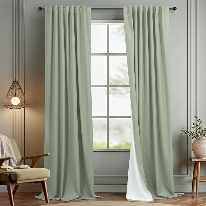 Sage Green Linen Curtains 108 Inches Long 2 Panel Set 100% Blackout Insulated Thermal Curtains for Summer Heat Blocking Light Green Drapes for Bedroom Living Room Sliding Door Rustic Country Farmhouse
