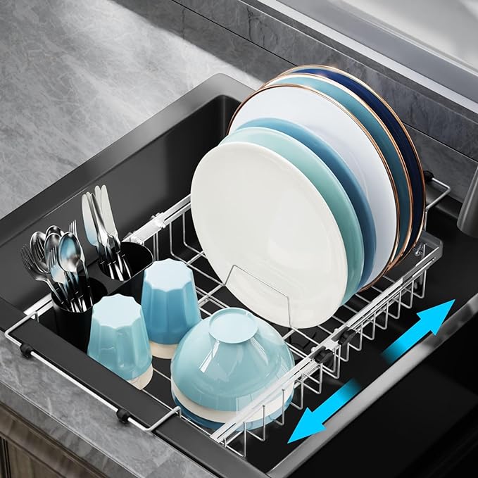 GSlife in Sink Dish Drying Rack - Stainless Steel Capacity Expandable Over The Sink Dish Drainer with Lock Knob and Utensil Holder for Kitchen Sink, 10.8"-17.9" L x 12.8" W, Silver