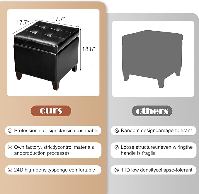 Adeco Storage Ottoman Foot Rest Stool, Leather Ottoman Footstool with Wood Legs and Hinged Lid, 18" Small Foot Stool Bench for Living Room, Bedroom, Black