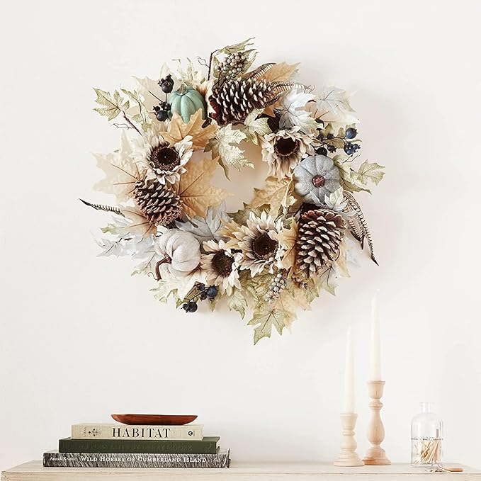 Admired By Nature 24 Inch Artificial Pumpkin Sunflower Fall Wreath Wall Door Farmhouse Decor For Home Office Thanksgiving Harvest Wreaths For Front Door Cemetery Wreaths Indoor Outdoor, Rustic White