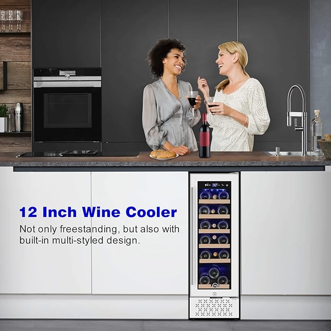Tylza 12" Wine Cooler Refrigerator 18 Bottle Capacity, Compact Freezerless, Temperature Stability, Low Noise, Double-Layer Tempered Glass Door