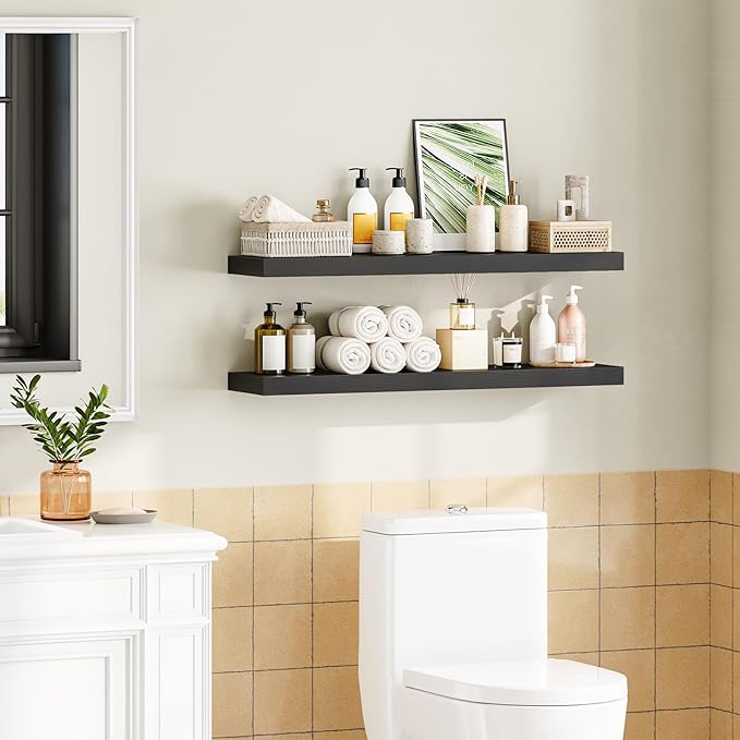 HOOBRO Floating Shelves for Wall, Wall Mounted Shelf Set of 2, 39.4" Hanging Shelf with Invisible Brackets, for Wall in Bathroom, Bedroom, Toilet, Kitchen, Livingroom, Office, Black BK100BJP201