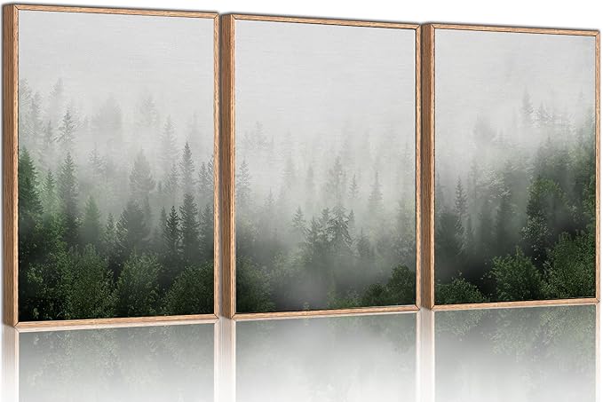 HPINUB Misty Green Forest Framed Canvas Wall Art Set, Nature Scenery Modern Wall Decor, Foggy Mountain Wall Painting, Woodland Landscape Nursery Art Print for Living Room, Bedroom, Office - 16"x24"x3
