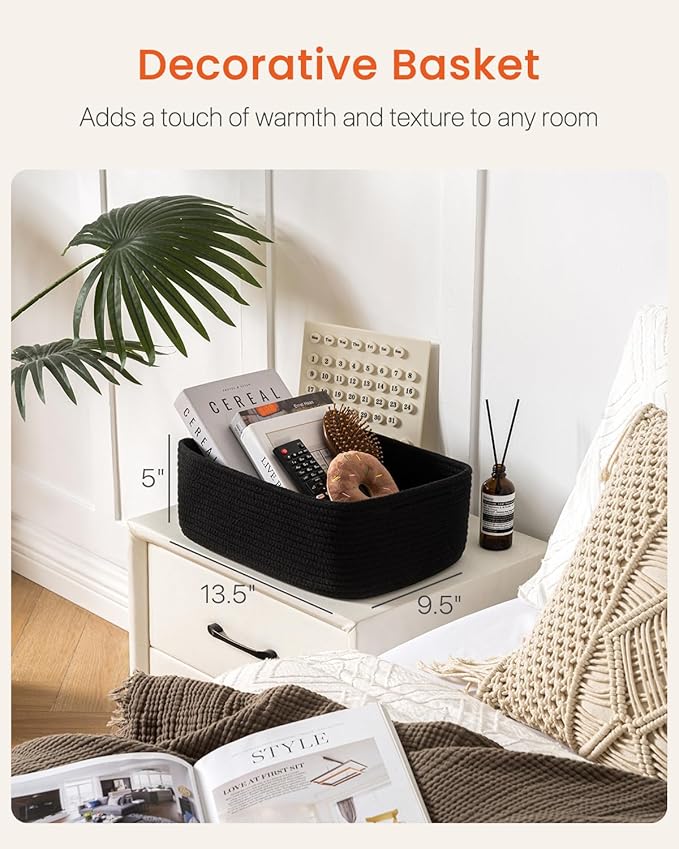 KALLAX Small Woven Basket, 13.5 x 9.5 x 5 Inches, Storage Basket for Organizing, Cute Small Rope Shelf Closet Cube Storage Bins Baskets for Shelves, Dog Toy Gift Baskets Empty, 3 Packs, Black