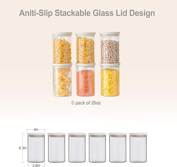 Urban Green Glass Food Storage Jar with Glass Lid, Food Canister Set with Airtight Lids, Pantry Jar for Kitchen Organization. Food Storage Container Set in 6 pack of 26oz