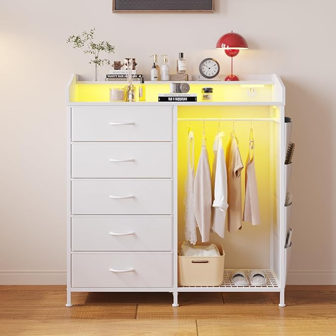 LUMTOK Modern 5 Dresser with LED Hanging Rack, Dresser with Clothes Rack, Hanger Rack, and Storage Drawers, Drawer Dressers with Coat Racks for Bedroom Living Room, Entryway, Closets (White)