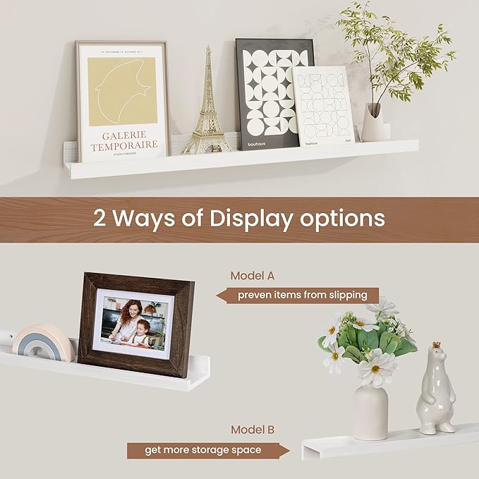 Picture Ledge Shelf, Solid Pine Wood Floating Shelves Set of 2, 24 Inches Nursery Book Shelves for Toys Storage, Kids Bookshelf Wall Mounted for Living Room Bedroom Decor Books Photo Frames, White
