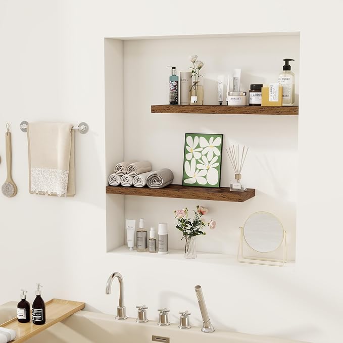 Fun Memories Floating Shelves for Wall, 22.5" Rustic Wood Deep Wall Mounted Shelves with Invisible Brackets for Decor & Storage, Floating Shelf for Living Room, Bathroom (Rustic Brown, Set of 2)