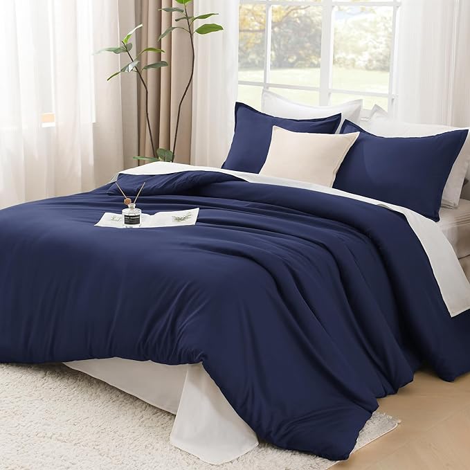 Litanika Navy Blue Comforter Set California King Size, 3 Pieces Cal King Lightweight Solid Bedding Comforter Set, All Season Fluffy Down Alternative Bed Set (104x96In Comforter & 2 Pillowcases)