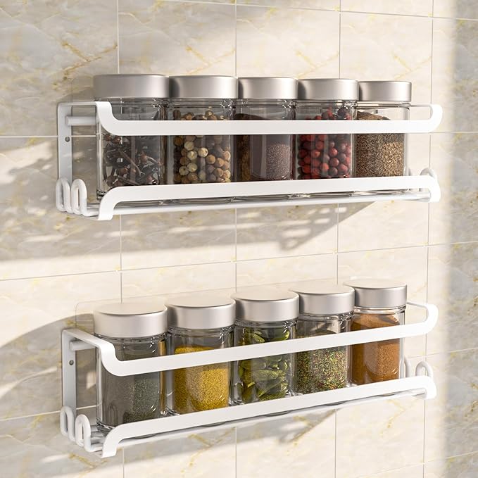 LUCYCAZ 2 Pack Wall Mounted Spice Rack with 16 Hooks, Spice Organizer Shelf for Stove Cabinet Pantry Door,Screw or Adhesive Spice Shelf Hanging Wall Spice Rack in Kitchen and RV (White, 2 PACK)