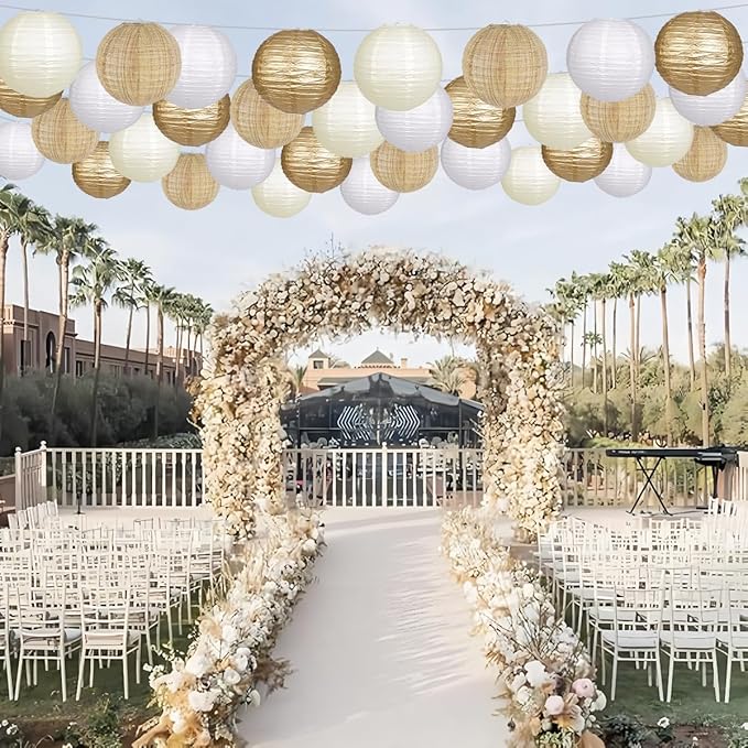 Paper Lanterns Gold White Round Hanging Chinese Lanterns for Wedding Birthday Party Boho Baby Shower Decorations Pack of 12