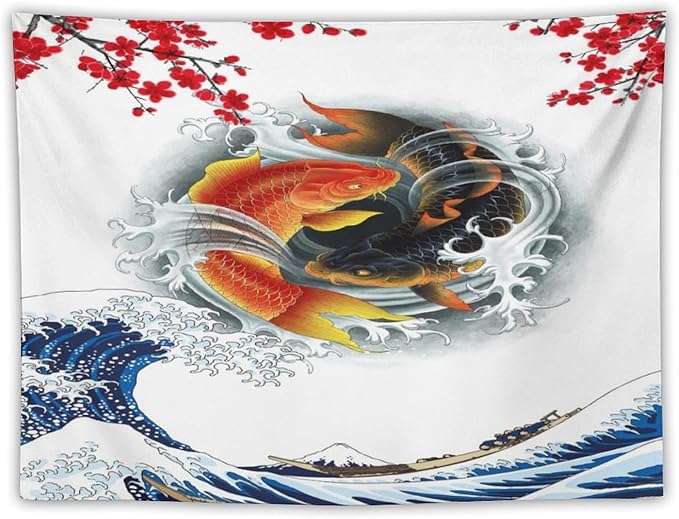 Houselerax Koi Fish Tapestry, Japanese Style Yin Yang Big Wave Cherry Blossoms Tapestries Wall Hanging for Bedroom Living Room Office Decor 40"x30"