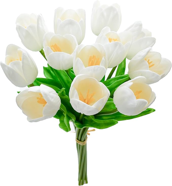 Mandy's Artificial Tulips 12 Stems White Partially Open PU Faux Flowers for Wedding Home Decor 13.5 Inch