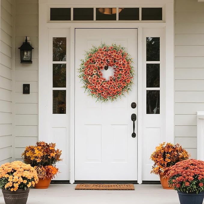 26" Fall Wreath for Front Door, Porch, Window - Large Artificial Boxwood Leaves with Fake Daisy Flowers Outdoor Wreath Faux Eucalyptus for Home Farmhouse Harvest Festival Thanksgiving Day Autumn Decor