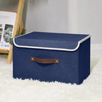 ANMINY Storage Bin with Lid Storage Boxes with PU Leather Handles PP Plastic Board Decorative Foldable Lidded Cotton Linen Fabric Home Cubes Baskets Closet Organizer Container - Blue, Large Size