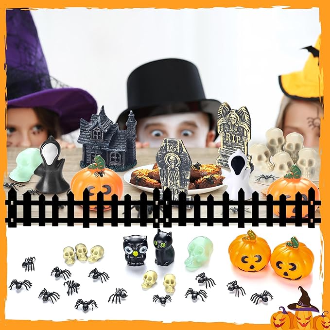 56 Pcs Halloween Village Accessories Set Halloween Haunted House Village Set Miniature Tombstones Tree Fake Spiders Fence Streetlamp Figurines for Home Table Party Decor