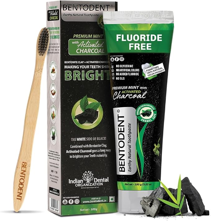 BENTODENT Fluoride Free Organic Charcoal Toothpaste with Bentonite Clay for Teeth Whitening- Natural Sensitive Teeth Whitening Toothpaste, Vegan, Travel