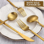Matte Gold Silverware Set, 20-Piece Stainless Steel Flatware, Tableware Cutlery Service for 4, Satin Finish Utensils, Knife Fork Spoon for Home and Restaurant, Dishwasher Safe