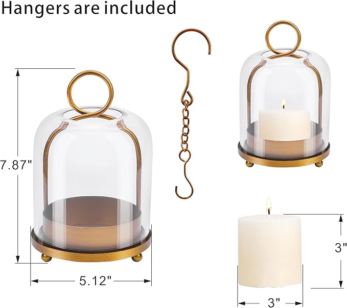 5"x7.5" Versatile Modern Metal Hurricane Lantern with Handmade Sturdy Glass Dome for 3" Pillar Candle & Plants (Brass, 5"x7.5" for 3" Pillar)