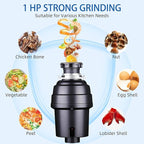 Powerful 1HP Stainless Steel Garbage Disposer, Dishwasher-Friendly and Continuous Feeding Waste Disposer, Grinding Material Four-Stage Grinding, Black