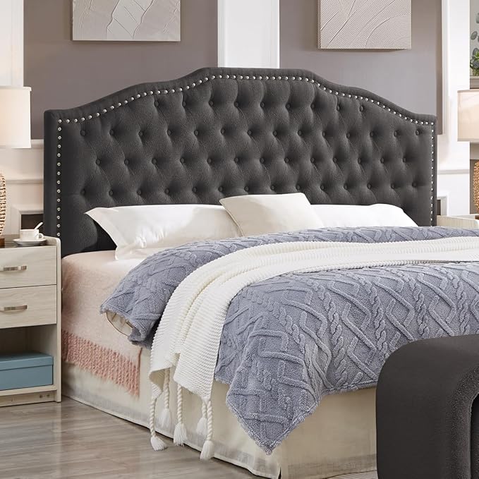 24KF Upholstered Button Tufted King Size Headboard with Nailhead Trim, Elegant Boucle Fabric California King headboard, 6031-K-Boucle-Dark Gray