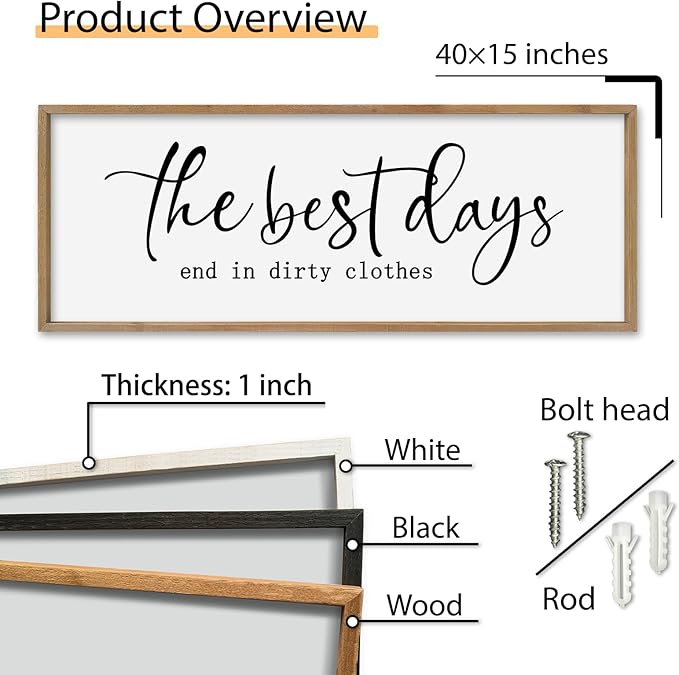 SRSZHIYUE The Best Days End In Dirtiest Clothes Sign Wall Decor Art 40"×15" for Laundry Room Large Wood Framed Wall Hanging (Wood)