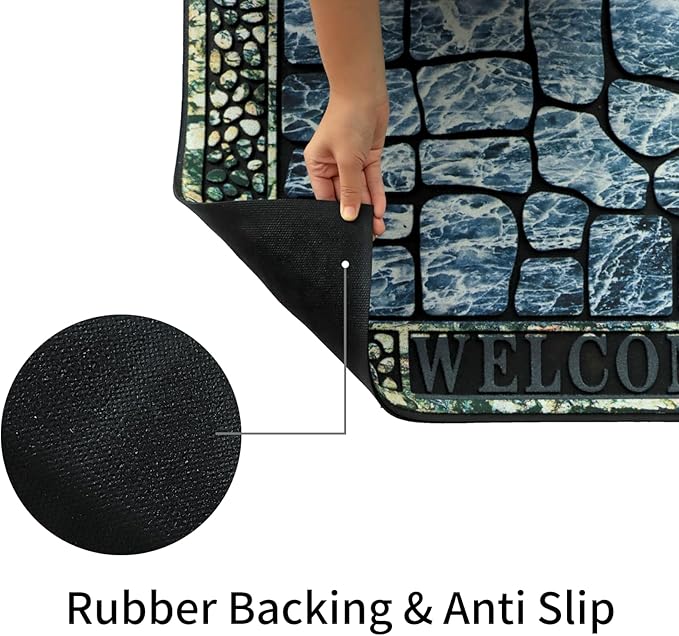 Door Mat Welcome Mat, Heavy Duty Door Mat 23.6 x 35.4 Inch Front Door Mat Rug Doormat for Outdoor Entrance Home Non-Slip Rubber Rug for Front Door, Outside, Entryway, Patio (Blue Welcome)