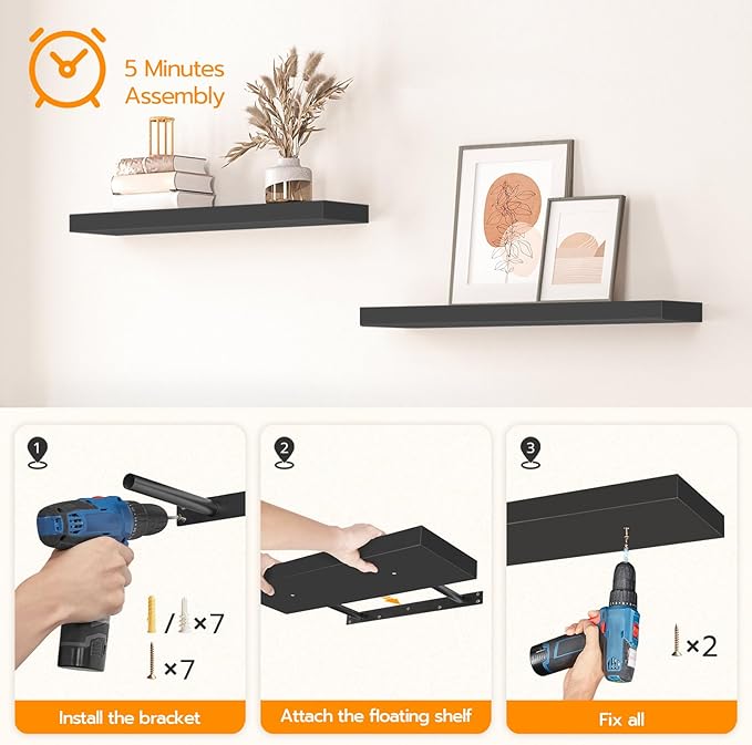 HOOBRO Floating Shelves for Wall, Wall Mounted Shelf Set of 2, 23.6" Hanging Shelf with Invisible Brackets, for Wall in Bathroom, Bedroom, Toilet, Kitchen, Living Room, Office, Black BK60BJ01
