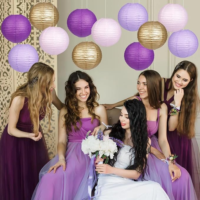 Paper Lanterns Purple Gold Round Hanging Chinese Lanterns for Birthday Baby Shower Bachelorette Party Decorations Pack of 12