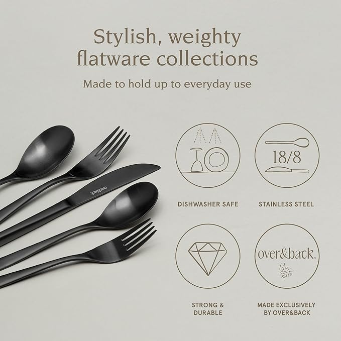 over&back 20pc Curved Flatware Cutlery Set - Comes with 4 Dinner Forks, 4 Salad Forks, 4 Dinner Knives, 4 Dinner Spoons, and 4 Teaspoons - 18/8 Stainless Steel - Dishwasher-Safe - Matte Black