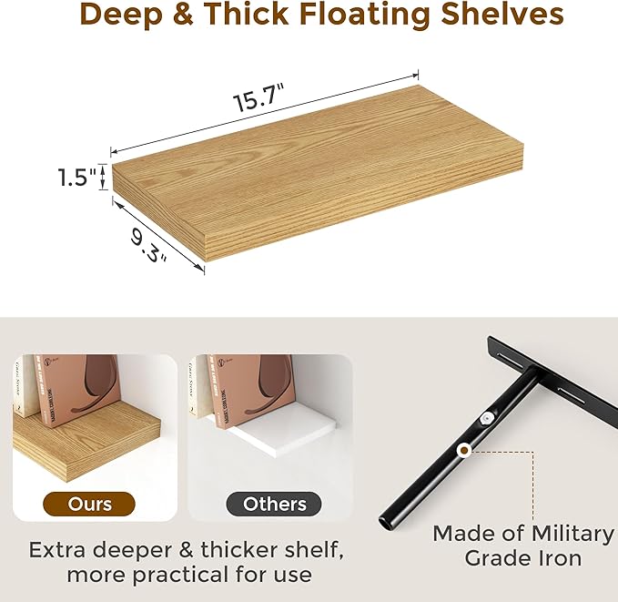 Fun Memories 16 Floating Shelves for Wall, 9 Inch Deep Floating Shelf for Bathroom, Rustic 16 x 9 Floating Shelf for Kitchen, Bedroom, Wide Wooden Shelves Wall Mounted, Oak Color, Set of 2