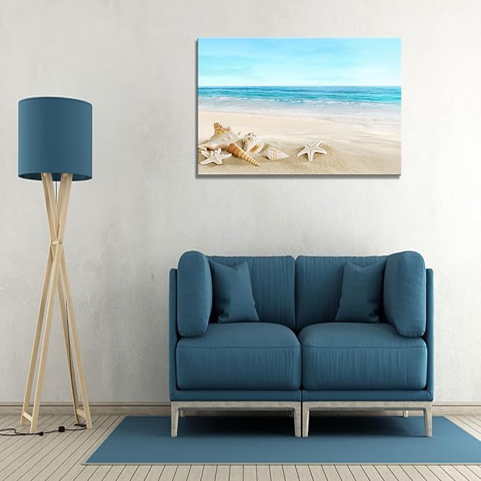 DZL Art S73981 Beach Picture Decor Ocean Painting Canvas Wall Art Prints of Starfish and Seashell on Sandy Seaside Ready to Hang for Living Room Bedroom Office Wall Decor Home Decoration