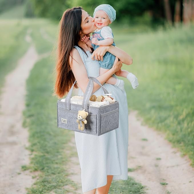 PeraBella Diaper Caddy Organizer with Handle, Baby Shower Gifts Basket Bag, Registry Search Must Haves Items, Nursery Storage Organizer for Newborn Girl Boy, Baby Bag Essentials, Car Diaper Caddy Cart