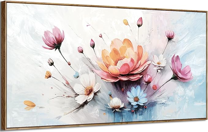 amatop Framed Floral Canvas Wall Art – Oversized Pink Blue Abstract Bloom Flower Print Daisy & Peony Picture Elegant Botanical Nature Large Artwork for Living Room Bedroom Dining Entryway Decor 58x29 inch