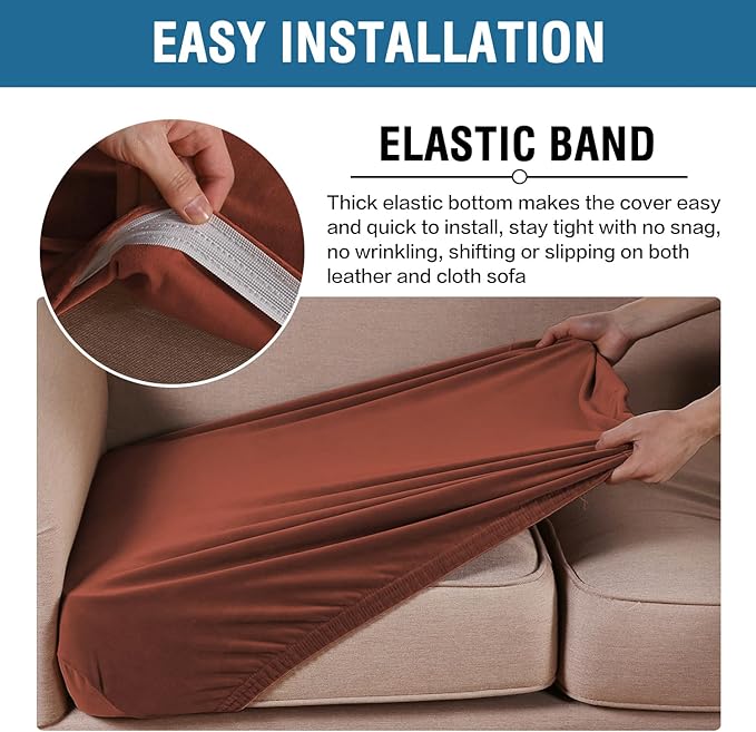 H.VERSAILTEX Velvet Stretch Couch Cushion Cover Plush Cushion Slipcover for Chair Loveseat Sofa Cushion Furniture Protector Seat Cushion Sofa Cover (3 Piece Sofa Cushion Covers, Rust)