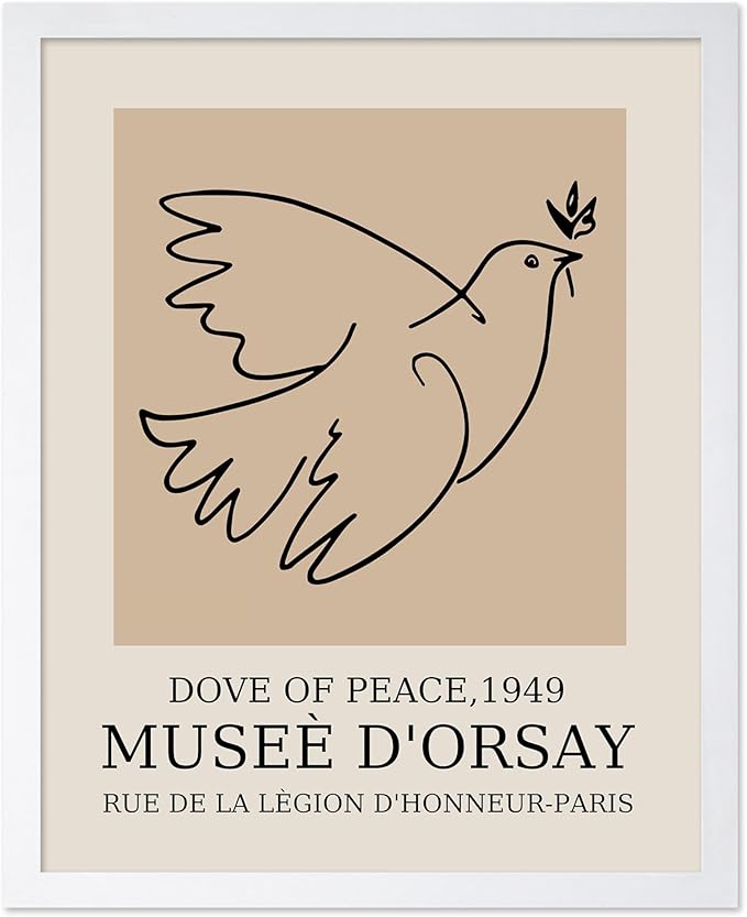 Poster Master Vintage Poster - Retro Minimalist Print - Gift for Artist, Friend - Dove Of Peace, Line Drawing, Sketch, Abstract - Wall Decor for Living Room, Bedroom, 11x14 White Framed