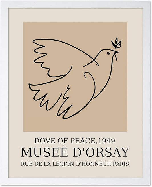 Poster Master Vintage Poster - Retro Minimalist Print - Gift for Artist, Friend - Dove Of Peace, Line Drawing, Sketch, Abstract - Wall Decor for Living Room, Bedroom, 11x14 White Framed