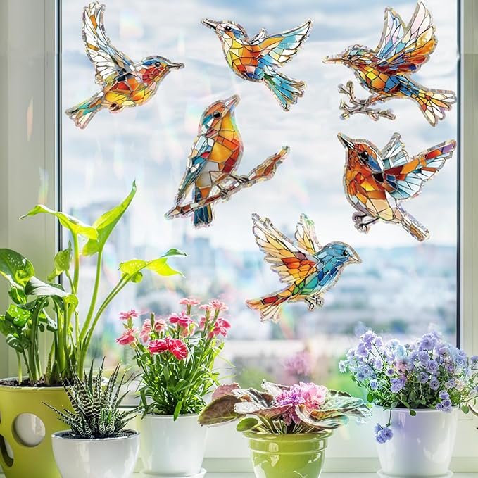 12pcs Window Decals for Bird Strikes, Anti Collision Window Clings, Rainbow Reflection Window Sticker, Hummingbird Style Sun Catcher Stickers for Glass Windows