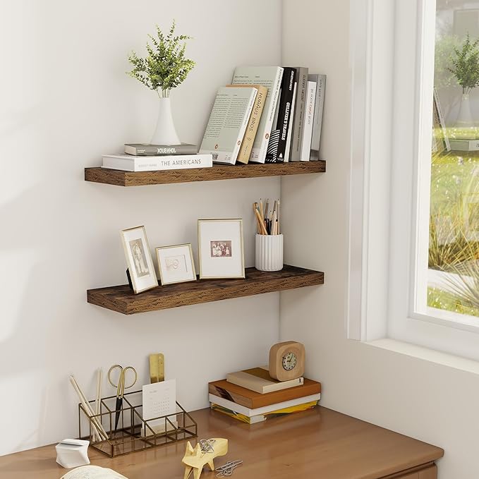 Fun Memories Floating Shelves for Wall, 22.5" Rustic Wood Deep Wall Mounted Shelves with Invisible Brackets for Decor & Storage, Floating Shelf for Living Room, Bathroom (Rustic Brown, Set of 2)