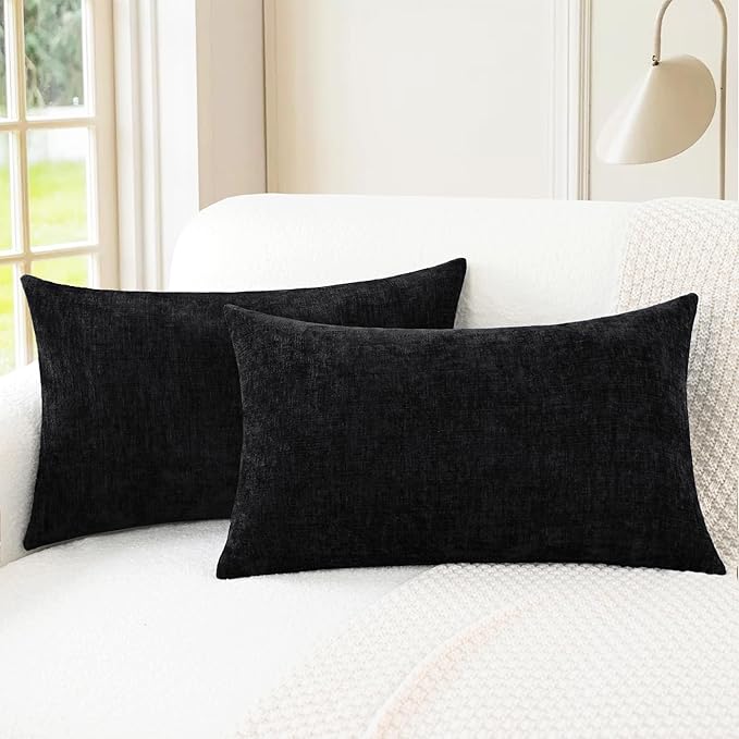 CaliTime Throw Pillow Covers Decorative 16 X 26 Inches Pack of 2 Cozy Chenille Cushion Cases for Couch Sofa Bed Living Room Home Black