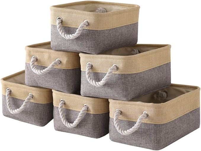 TheWarmHome Storage Baskets for Organizing - 11.8x7.8x5.2 inch Small 6 Pack Storage Bins for Shelve, Farbic Storage cubes Organizer for Baby Toys Nursery (Gold & Grey)