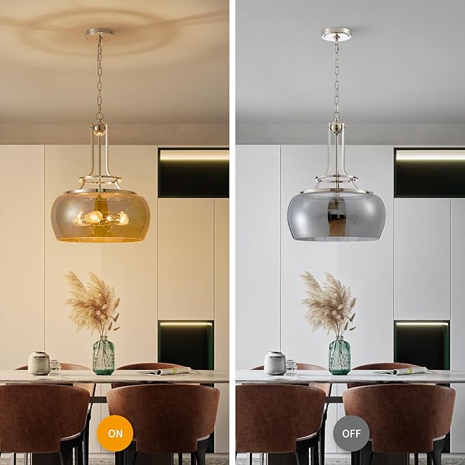 WUZUPS Nickel Chandelier Rustic Farmhouse Industrial Round Ceiling Pendant LED Light Fixture Electroplated Gray Glass Shade for Dining Room Kitchen Island Foyer Entryway, H 20.9" W 15.9", E26 Base