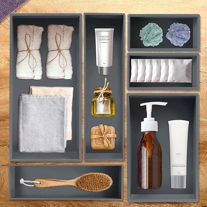 Bamboo Drawer Organizer - Kitchen Utensil Organizer Silverware Tray Cutlery Holder，Office Desk Supplies and Accessories,15 * 5.9 * 2.6,Grey